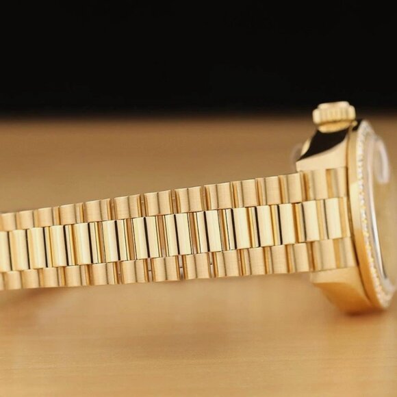 ROLEX LADIES 18K YELLOW GOLD CHAMPAGNE FACTORY DIAMOND PRESIDENT WATCH BOX TAG - Picture 9 of 10